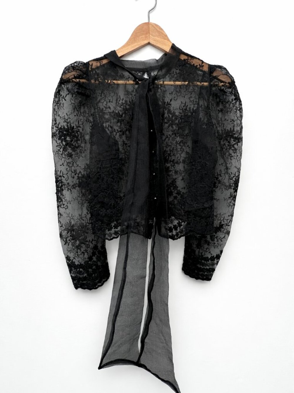 Black Whimsigoth Sheer Lace Blouse | Tie Neck Detail, Floral Scalloped Hem